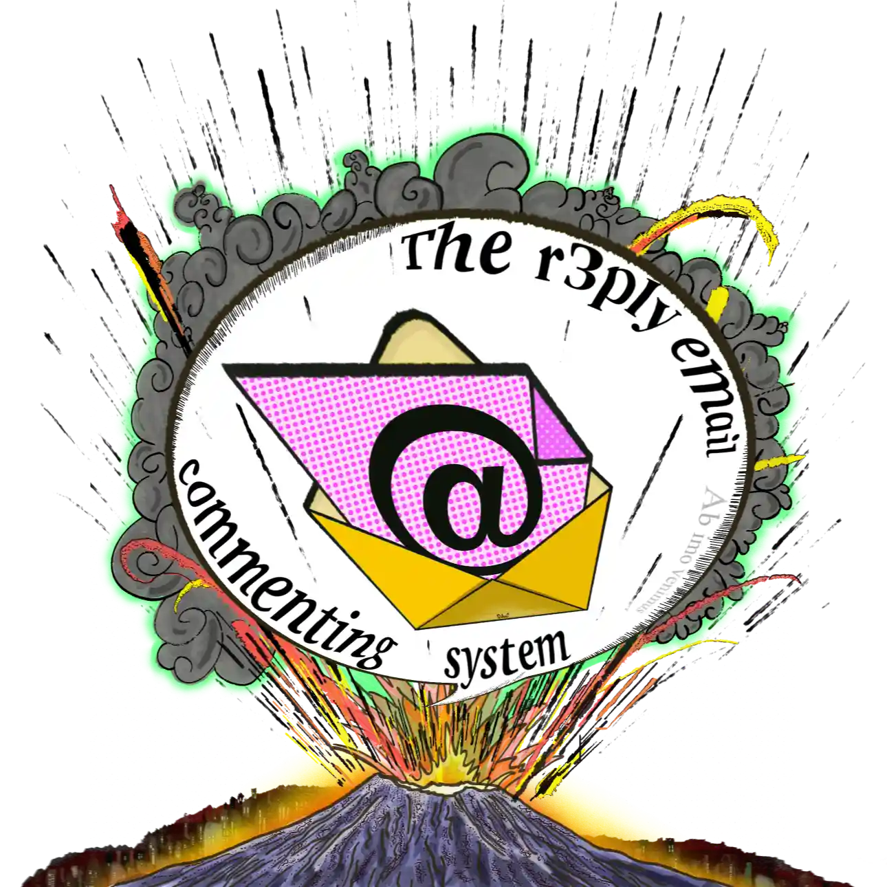 volcano erupting a comment bubble containing an email icon