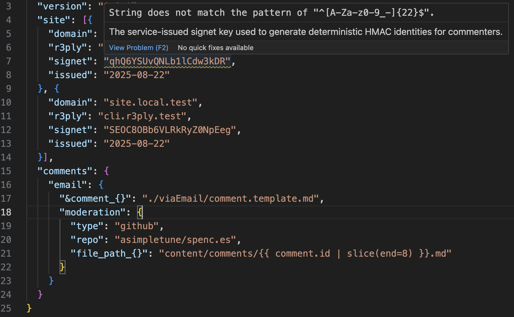 Screenshot showing vscode catching a very subtle typo in a config