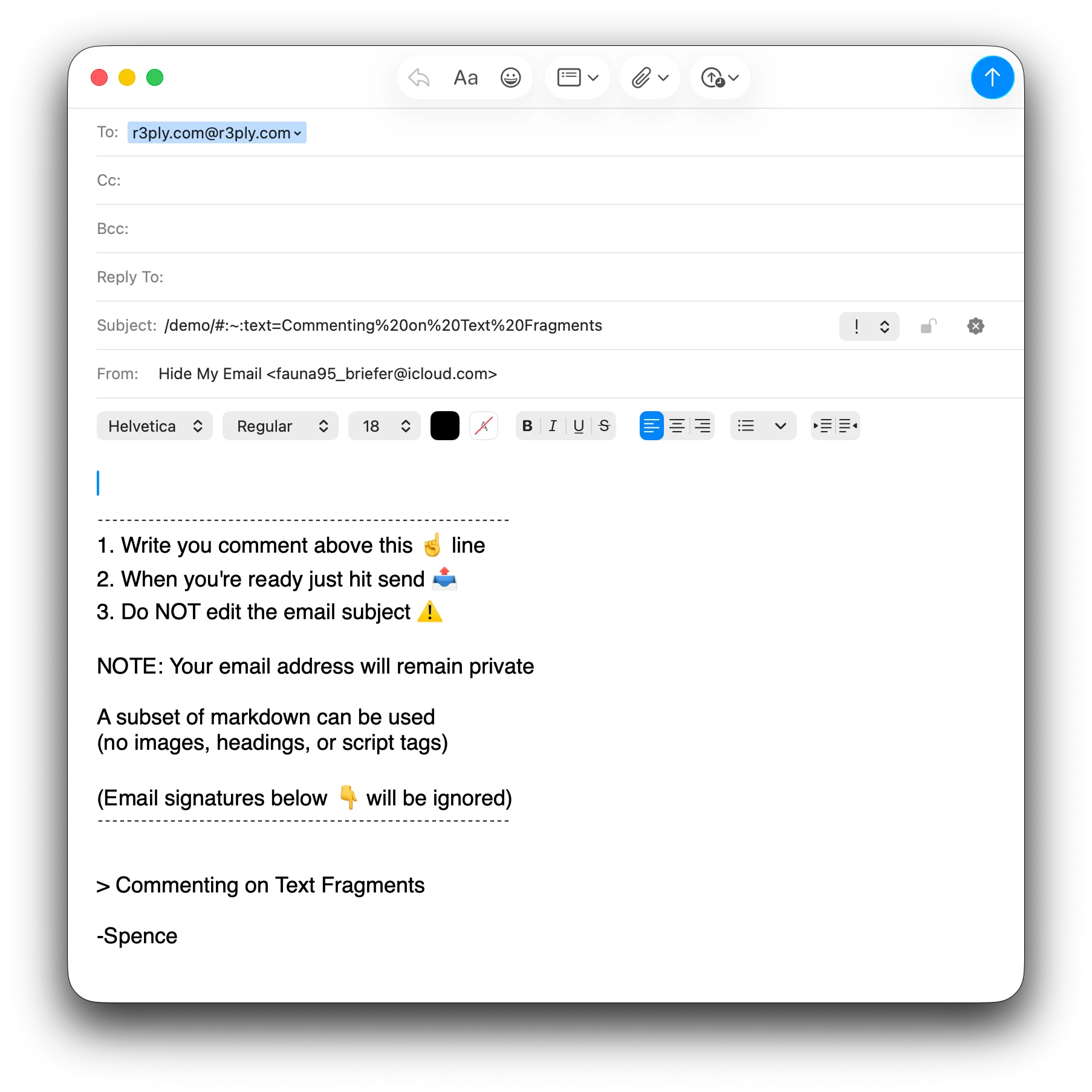 Screenshot showing how responding to a text fragment looks in the email client